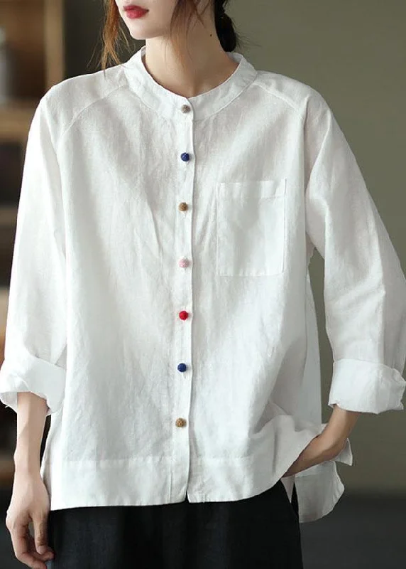 High Street Series Modern White Loose Patchwork Pockets Fall Long Sleeve Blouse Top