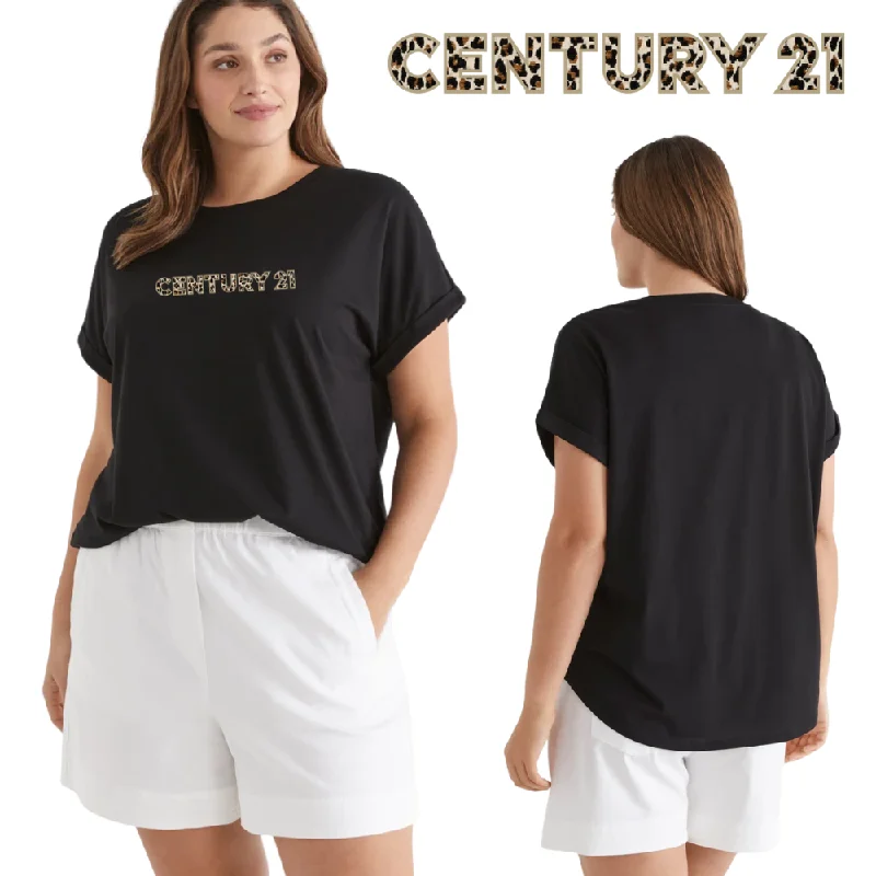 High-end Fashion Roll Sleeve Black Tee with Leopard Logo - C21 Collection