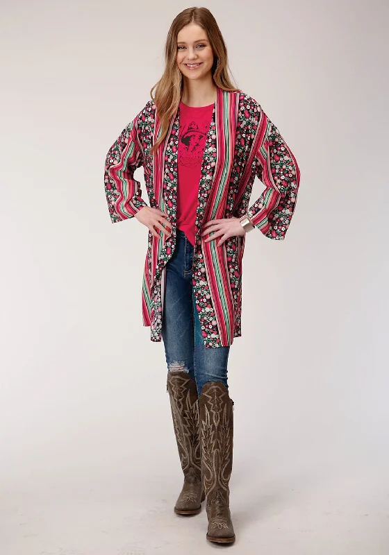 Trendy Items Roper Womens Black Rayon/Nylon Floral Stripe Cardigan