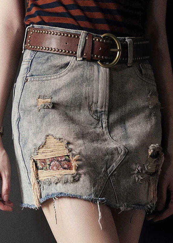 Exquisite Tailoring Sexy Grey High Waist Tassel Pockets Cotton Denim Ripped Skirts Summer Exquisite Tailoring Sexy Grey High Waist Tassel Pockets Cotton Denim Ripped Skirts Summer
