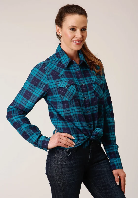 Exquisite Tailoring Roper Womens Unlined Flannel Blue/Turquoise 100% Cotton L/S Shirt