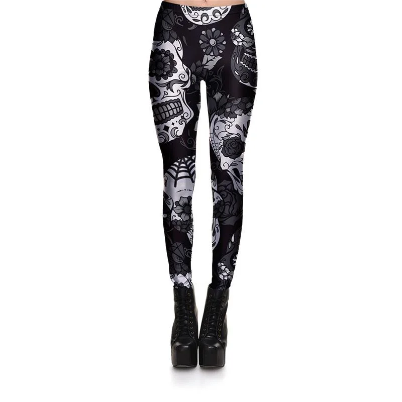 Exquisite Tailoring Women's Skull&flower Black Leggings Digital Print Trousers