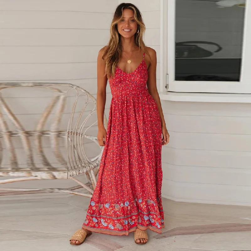 American Style BerriesJam - Fashion Spaghetti Strap Floral Print Ruffles Party Beach Dress