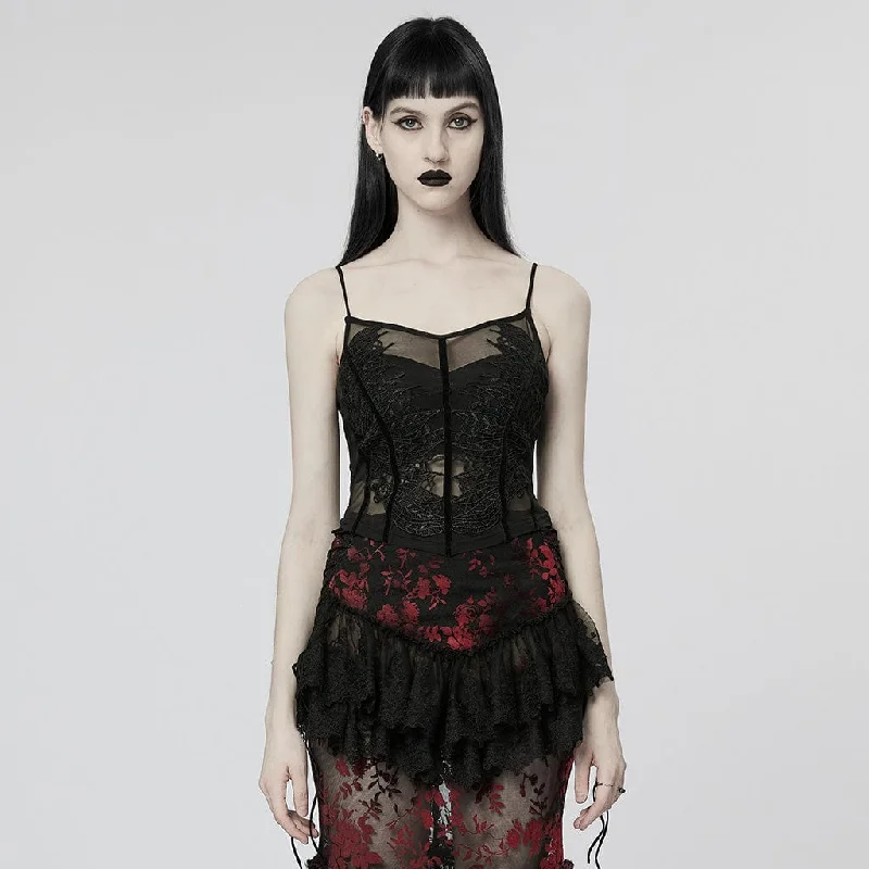 Fashion Must-have Women's Gothic Leaf Embroidered Mesh Tank Top