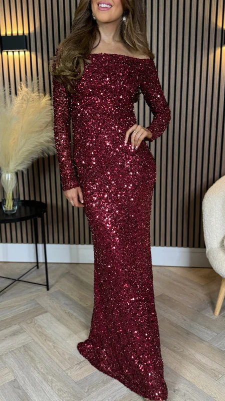 High Street Design Rio Red Sequin Detail Off Shoulder Long Sleeve Maxi Dress