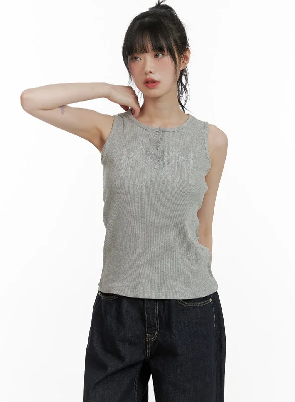 Street Fashion Graphic Mid Buttoned Cotton Tank Top CU410