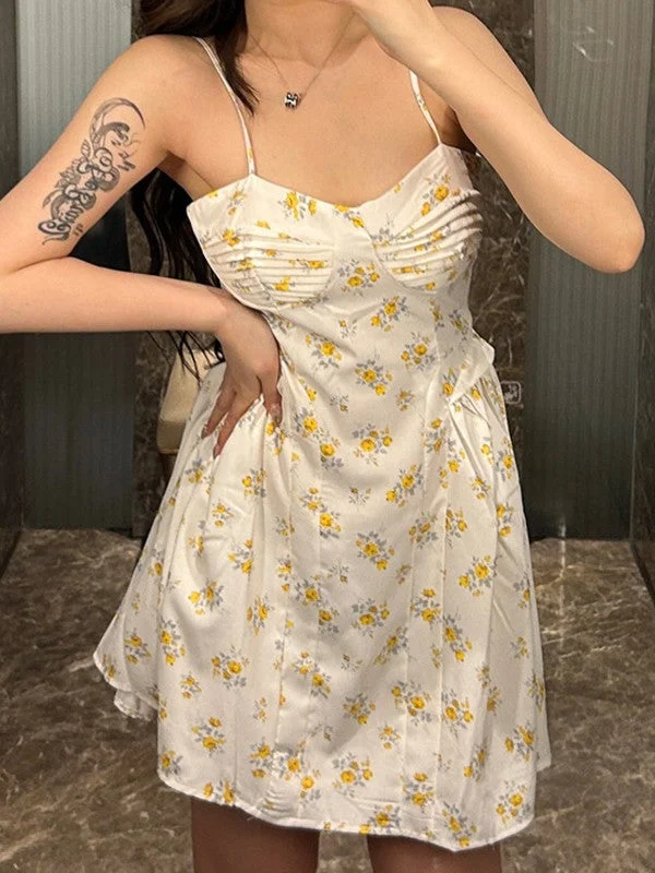 Simple Design Ruched Pleated Floral Mini Dress