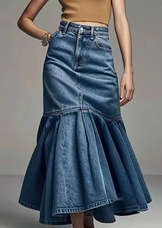 Sweet Breath French Blue Wrinkled High Waist Denim Fishtail Skirt Summer