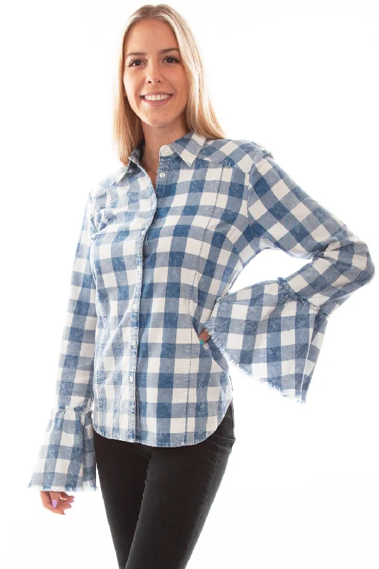 Tropical Style Scully Womens Checker Bell Sleeve Blue 100% Cotton L/S Blouse