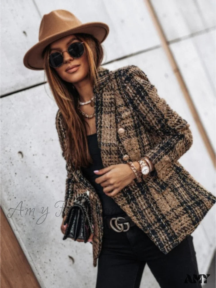European Plan Amy Fashion - Lady Elegant Double-breasted Check Slim Long-sleeved Blazer