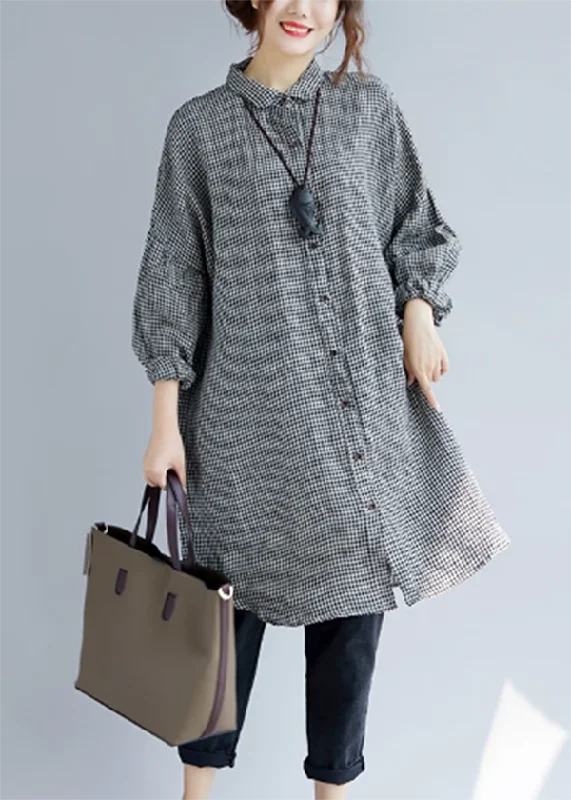 Fresh And Elegant stylish black Plaid cozy cotton t shirt oversize Turn-down Collar cotton blouses Fine long sleeve tops