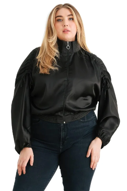 Sports Trend Plus Satin Zip-up Ruched Long Sleeve Cropped Bomber Jacket