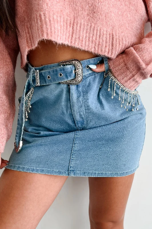 Cool Style Lost In The Music Rhinestone Trim Belted Denim Skirt (Light Denim)