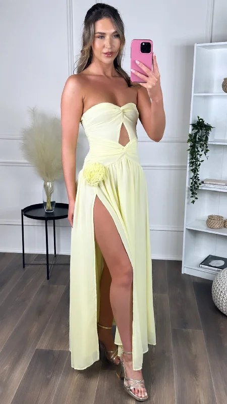 Sports Series Dominique Yellow Strapless and Corsage Detail Maxi Dress