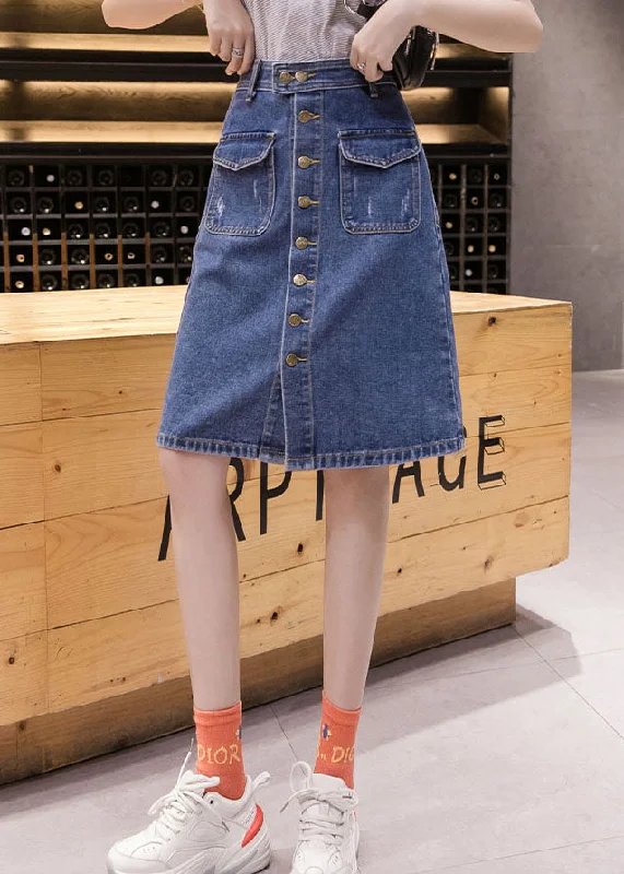 New Design Simple Blue Pocket Button Cotton Denim Wraped Skirt Summer