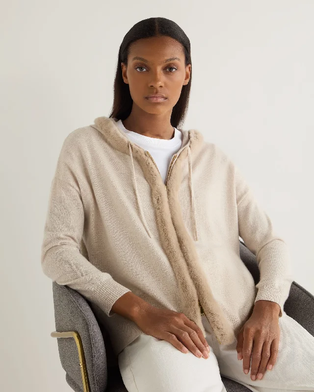 Fashion Touch Women's Alicia Fur Trim Cashmere Hoodie Ecru White