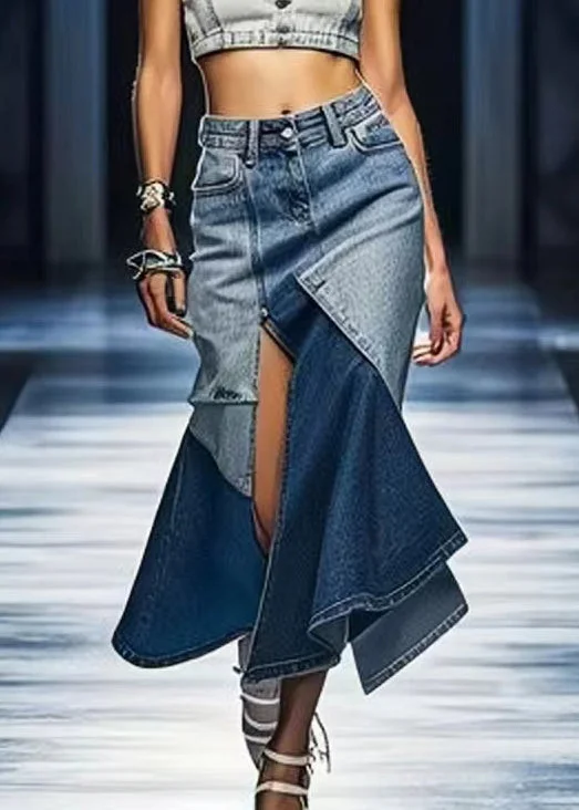 Street Fashion Chic Blue Side Open Patchwork Denim Skirt Summer