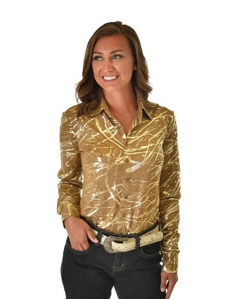 Breathable Design Cowgirl Tuff Womens Metallic Midweight Tan/Gold Polyester L/S Shirt