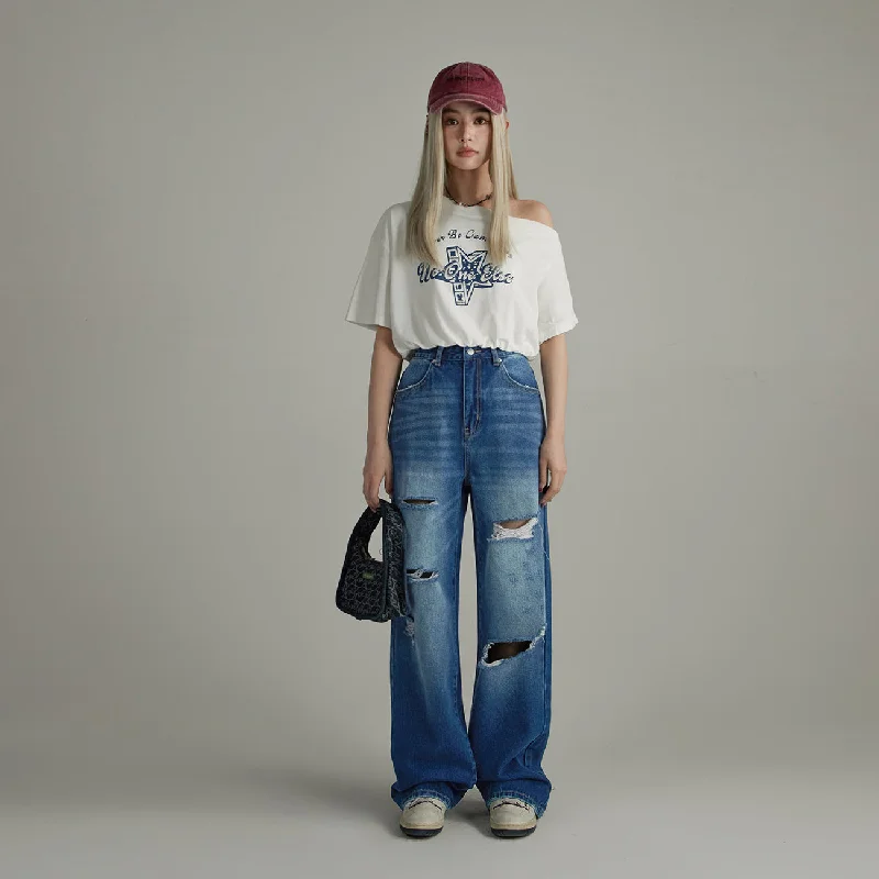 Editorial Design Distressed Straight Wide-Leg Denim Jeans