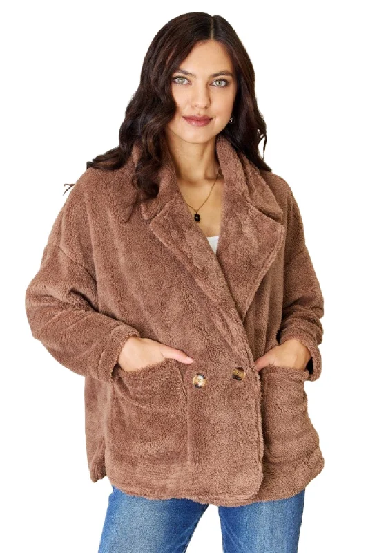 Retro Design Taupe Double Breasted Fuzzy Coat