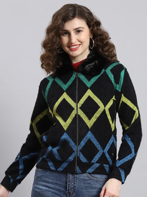 Embroidery Design Women Black Printed Collar Full Sleeve Sweatshirt
