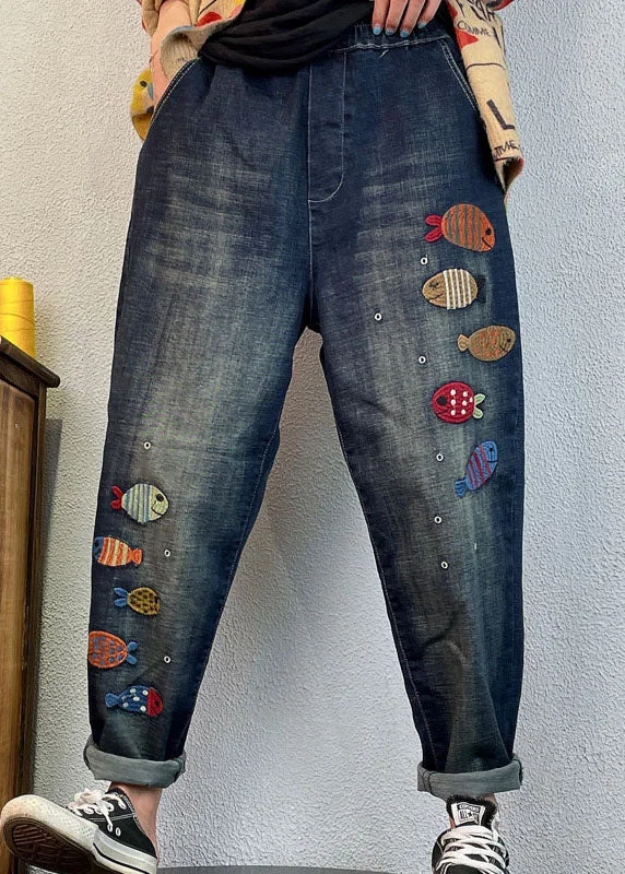 Sports Series Loose Blue Embroideried denim Spring harem pants
