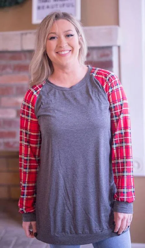 Body Design Plaid Raglan Top, Grey