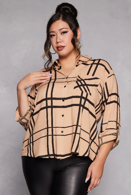 Leisure Sports Plus Size Plaid Tabbed Sleeve Shirt
