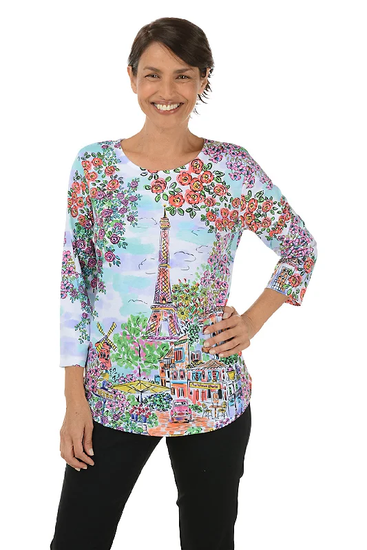 Floral Prints Paris Cafe Curved Hem Knit Top