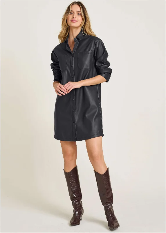 Breathable Design Faux Leather Shirt Dress - Black