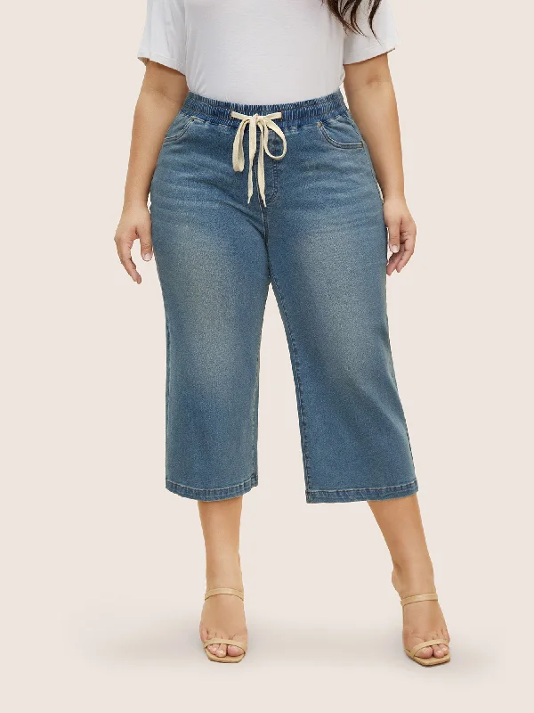 Noble And Elegant Light Wash Drawstring Cropped Wide Leg Jeans