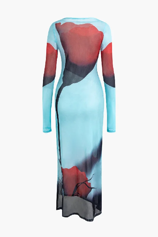 Fashionable And Fashionable A&A Rose Print Mesh Maxi Dress