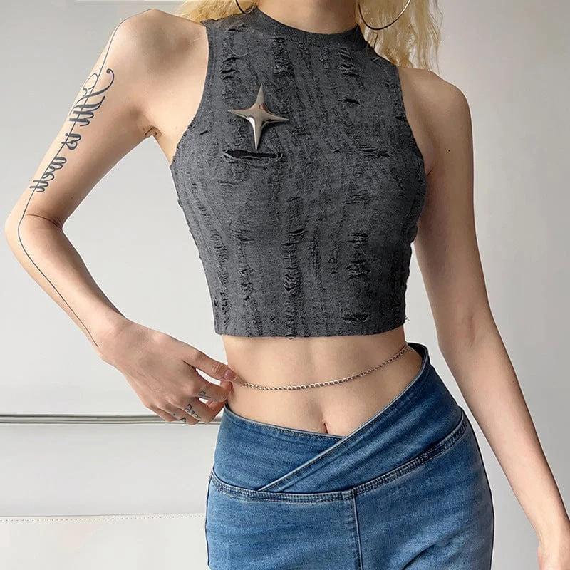 European Plan Women's Grunge Star Ripped Tank Top
