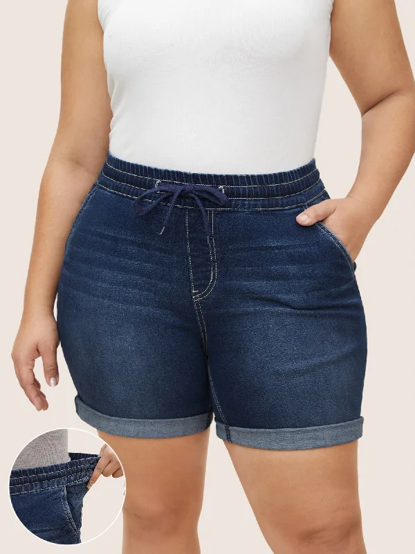 Minimal Style Roll Hem Elastic Waist Drawstring Denim Shorts