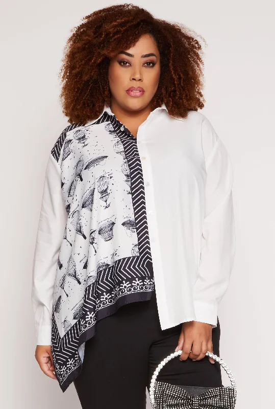 Goddess Style Plus Size Half Print Button Front Long Sleeve Shirt