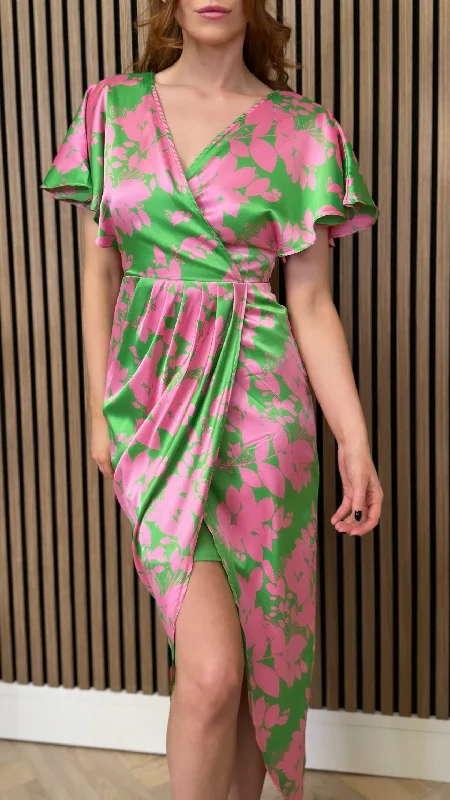 Sports Trend Havana Pink & Green Wrap Over Maxi Dress