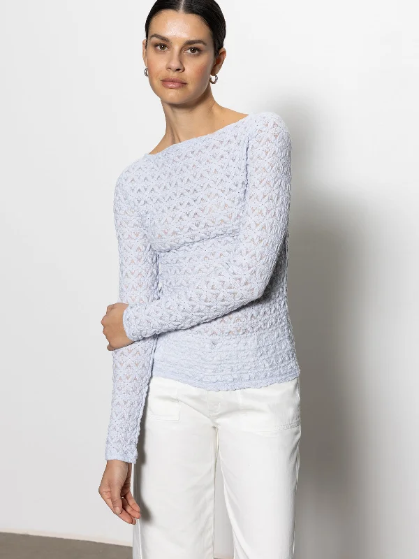Simple Design Long Sleeve Boatneck T-Shirt Sky Blue