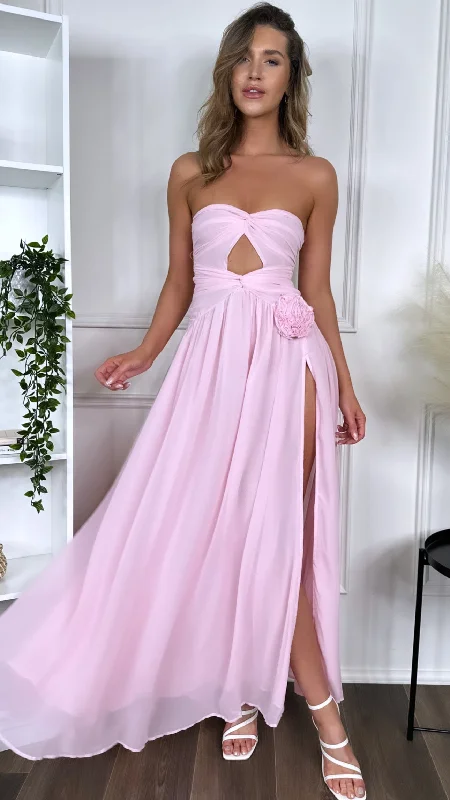 Trendy Items Dominique Pink Strapless and Corsage Detail Maxi Dress