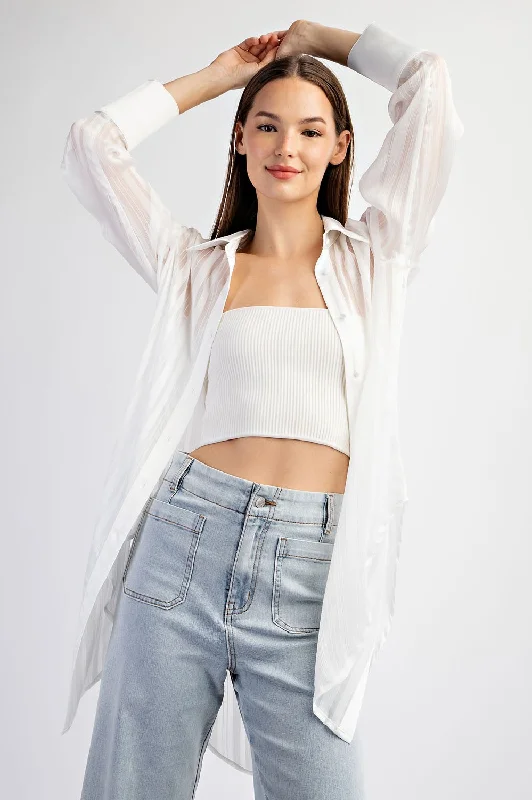 Floral Prints White Sheer Stripe Button Down Blouse