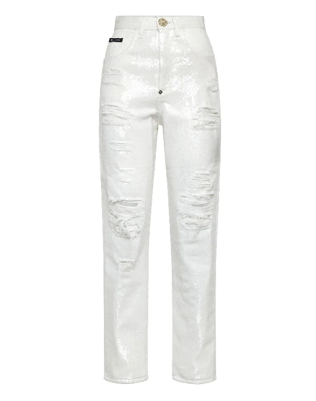 Minimal Style Denim Trousers Mom fit with Crystals