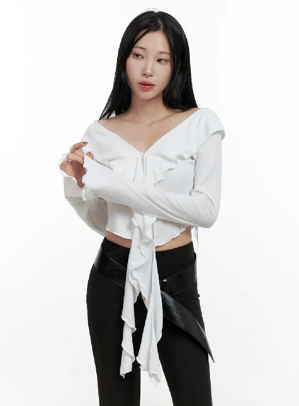 Fresh Wear Ruffle V-Neck Long Sleeve Crop Top CN408