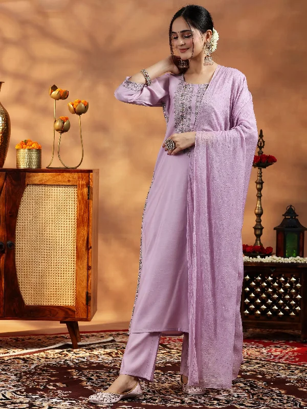 Youthful Vitality Lavender Embroidered Silk Blend Straight Suit With Dupatta