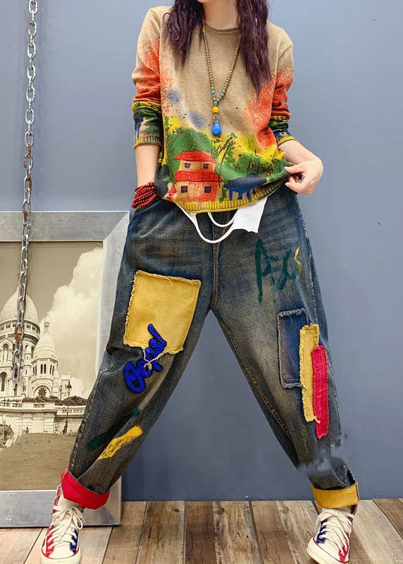 High-end Design Handmade Blue patch applique denim Pants Spring