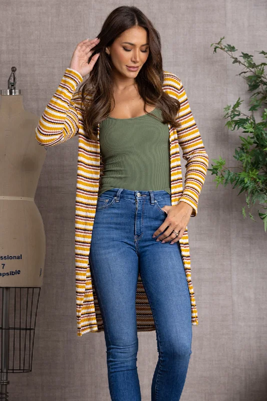 Tropical Style MUSTARD STRIPE OPEN FRONT KNIT LONG CARDIGAN-L4642