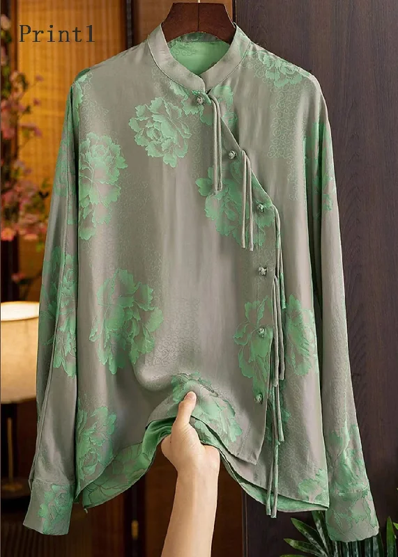 Integrated Design Beautiful Green Mandarin Collar Button Print Silk Shirt Top Spring