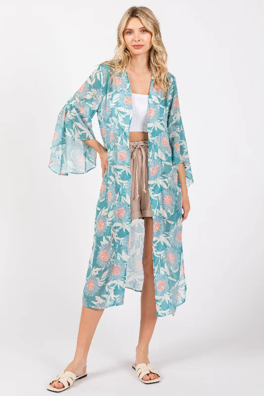 Fresh And Fashionable Teal Floral Bell Sleeve Cover-Up