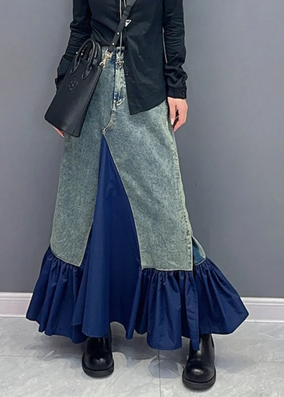 Classic Style Chic Blue High Waist Pockets Patchwork Denim Skirts