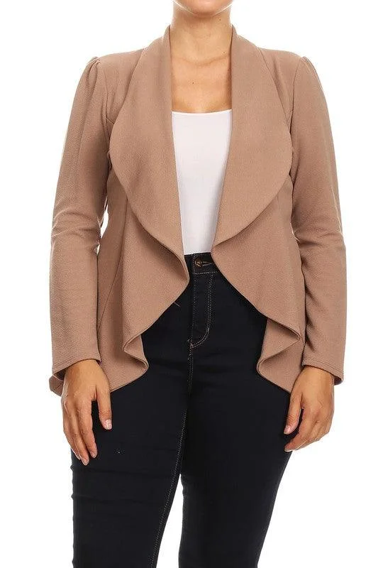 Elegant Outline Plus Casual Solid open front jacket blazer