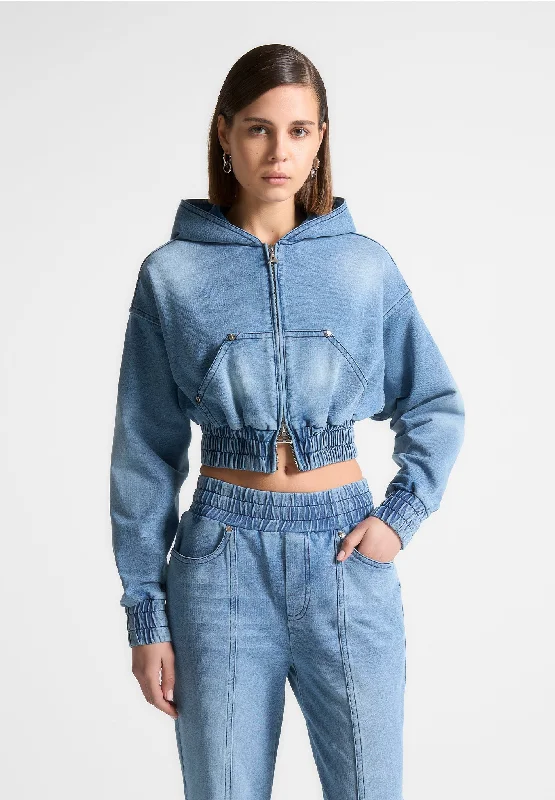 Fashion Concept Washed Denim Jersey Hoodie - Mid Blue