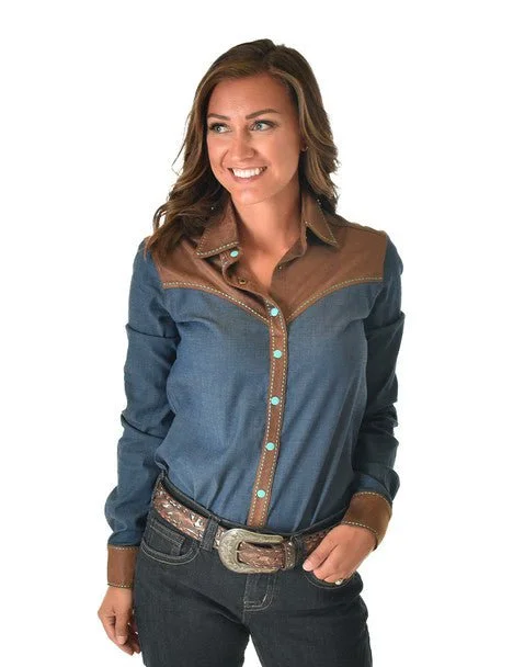 High Street Design Cowgirl Tuff Womens Turquoise Thread Denim Tencel L/S Shirt